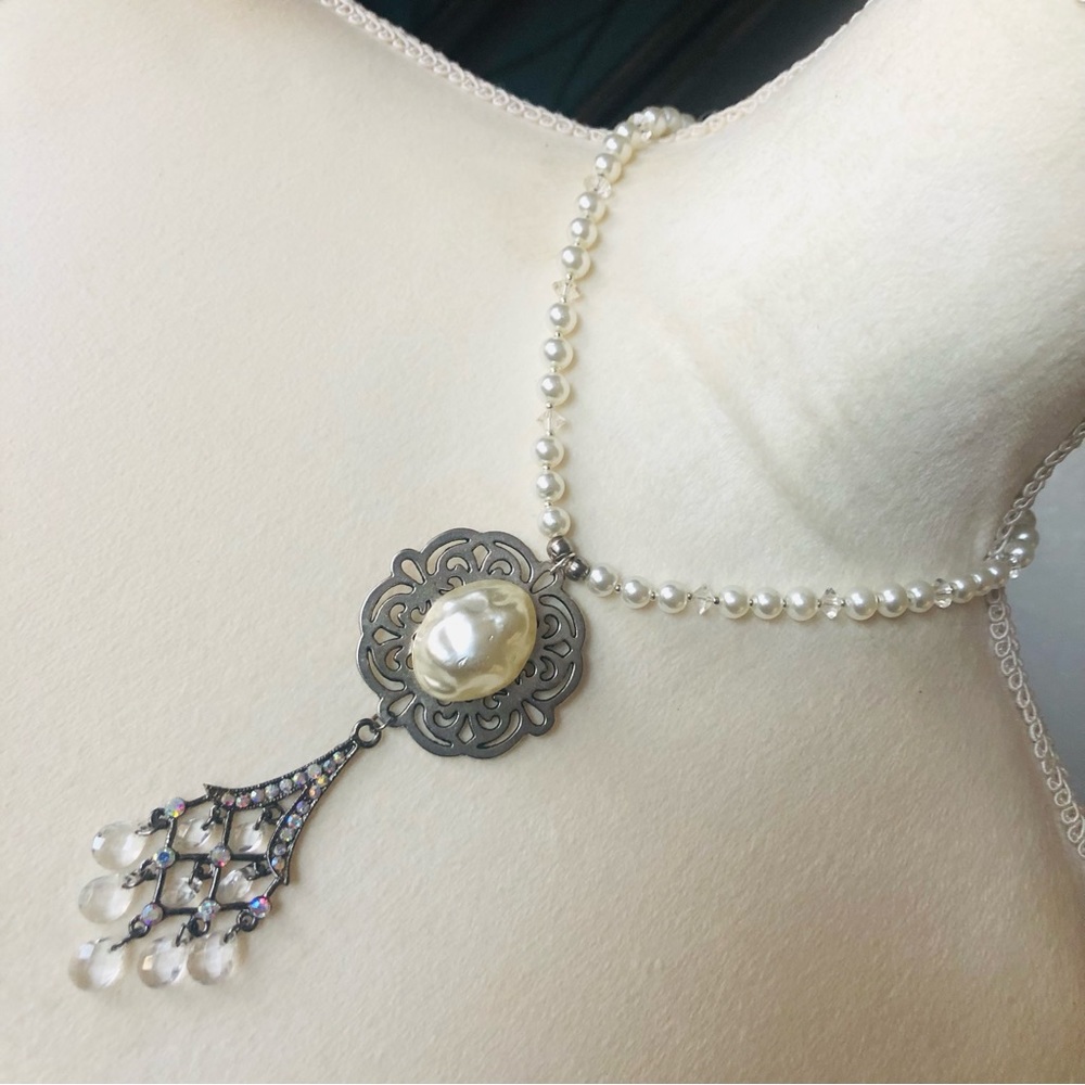 Handcrafted repurpose vintage pendant faceted crystal Czech glass pearl necklace